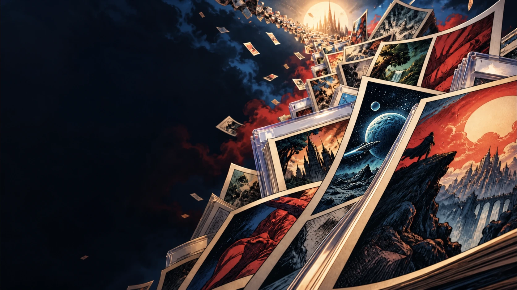 Original comic pages and collector books sweeping across a dramatic midnight-blue scene